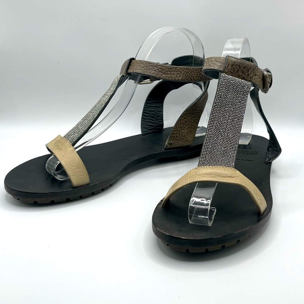 Brunello Cucinelli | Grey & Cream Leather Monili T-Strap Sandals |  EU 37